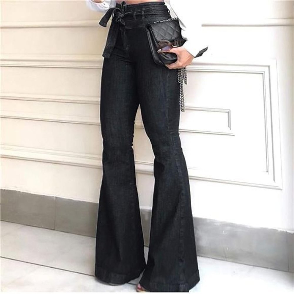 Black High Waist Bell‎ Bottom Flare Jeans Wide Leg Belted Bow Denim Pants